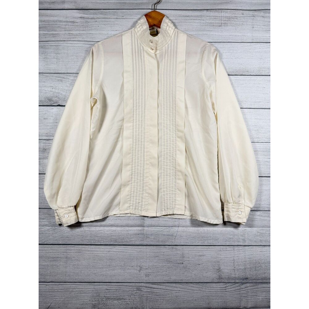 Vintage Carriage Court Women’s Medium Ivory Pintuck High Neck Blouse 4096